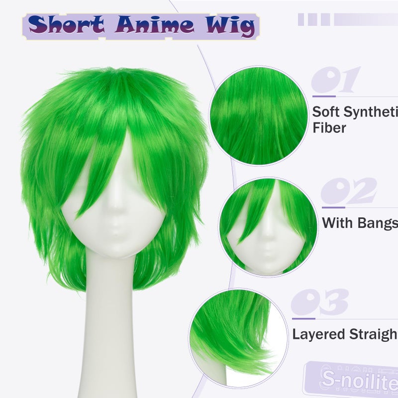S-noilite Unisex Short Green Wig Women Men's Short Layered Fluffy Spiky Wigs with Bangs Straight Synthetic Hair Full Wigs for Halloween Cosplay Costume Comic-cons Anime Party Green - Image 3